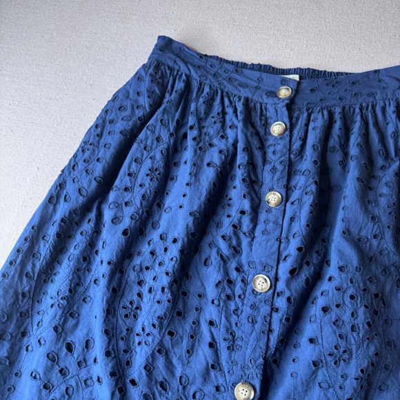LOFT Dresses & Skirts - Loft Womens Blue Cotton Eyelet Lace Button Front Midi Skirt Size 8 Scalloped Hem